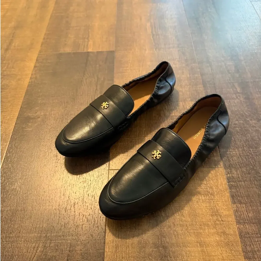 Tory Burch Black Leather Loafers Women's 7.5M Gold Logo Flats